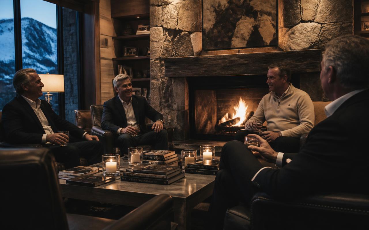Leaders gathered around a fireside in a mountain lodge during a Walk On gathering