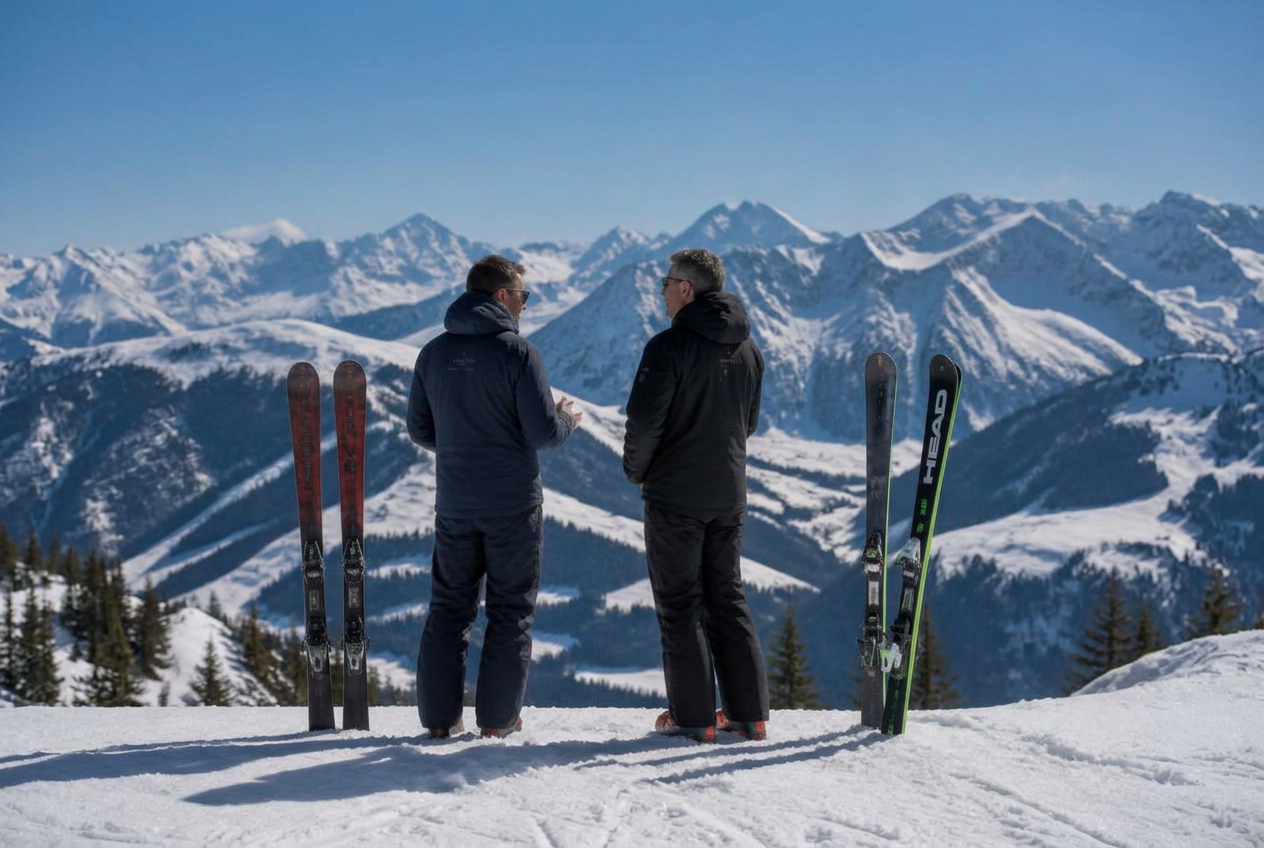 Two leaders in conversation on a mountain overlook above a Rocky Mountain vista
