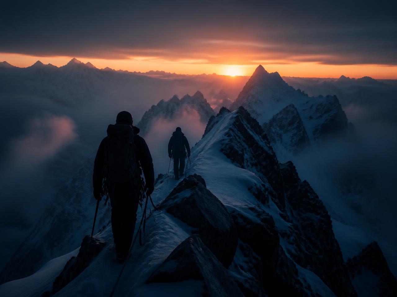 Climbers ascending an alpine ridge at dawn